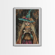 Load image into Gallery viewer, The Witch and Her Pancakes, Breakfast Witch, Framed Canvas Print, Funny Halloween Art
