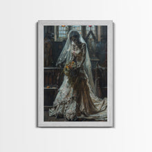 Load image into Gallery viewer, Ghostly Bride in Abandoned Church Framed Canvas Print | Halloween Bride Art | Eerie Bride Decor for Home | Haunted Wedding Artwork
