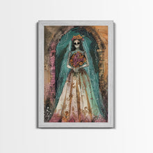 Load image into Gallery viewer, Skeleton Bride in Floral Arch Framed Canvas Print | Halloween Bride Art | Spooky Bride Decor for Home | Gothic Wedding Artwork
