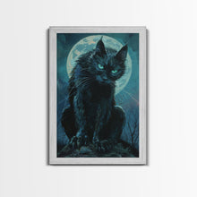 Carregar imagem no visualizador da galeria, Black Cat with Piercing Eyes Against Full Moon | Halloween Wall Art | Spooky Home Decor | Creepy Black Cat Painting | Framed Canvas Print
