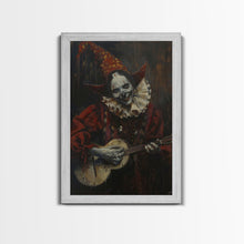 Load image into Gallery viewer, Creepy Clown Playing Guitar, Framed Canvas Print, Spooky Circus Art, Halloween Wall Decor, Horror Clown Illustration, Creepy Home Decor
