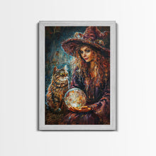 Load image into Gallery viewer, Enchanting Witch with Crystal Ball, Framed Canvas Print, Mystical Halloween Art, Spooky Witch Decor, Witchcraft Illustration, Magical Decor
