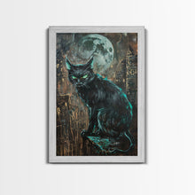Carregar imagem no visualizador da galeria, Black Cat with Piercing Green Eyes, Framed Canvas Print, Spooky Cat Art, Witchy Feline Decor, Halloween Wall Art, Gothic Cat Decor
