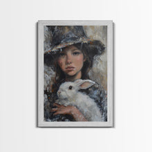 Load image into Gallery viewer, Enchanting Witch with White Rabbit in Serene Autumn Setting - Mystical Forest Art Framed Canvas Print, Halloween Home Decor
