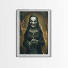 Load image into Gallery viewer, Creepy Nun Canvas Print - Halloween Art, Scary Art, Spooky Home Decor, Creepy Portrait, Gothic Wall Art, Halloween Decor Framed Canvas Print
