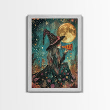 Load image into Gallery viewer, Spring Witch and Her Slice Of Pizza, Framed Canvas Print, Cute / Funny Halloween Art
