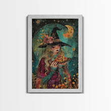 Load image into Gallery viewer, Summer Witch and Her Slice Of Pizza, Framed Canvas Print, Cute / Funny Halloween Art
