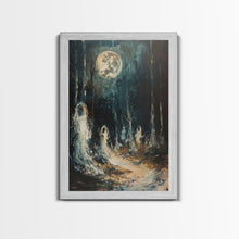 Carregar imagem no visualizador da galeria, Ghostly Figures in Forest, Halloween Art Print, Spooky Home Decor, Framed Canvas Print, Creepy Art, Halloween Wall Decor, Seasonal Wall Art
