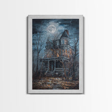 Carregar imagem no visualizador da galeria, Abandoned House Under Moon Full Halloween Art, Spooky Mansion, Haunted Home, Creepy Decor, Gothic Artwork, Framed Canvas Print
