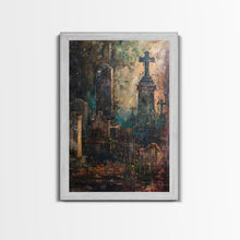 Load image into Gallery viewer, Gloomy Cemetery Halloween Art, Spooky Graveyard, Haunted Cemetery, Creepy Gravestones, Dark Artwork, Framed Canvas Print

