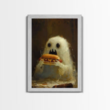 Load image into Gallery viewer, Cute Ghost Chompin on A Hot Dog, Ghostly Hot Dog Thief, Framed Canvas Print, Funny Halloween Spooky Season Art
