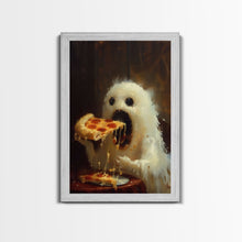 Load image into Gallery viewer, Cute Ghost Chompin on A Pizza, Ghostly Pizza Pirate, Framed Canvas Print, Funny Halloween Spooky Season Art
