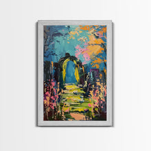 Load image into Gallery viewer, Enchanted Path Framed Canvas Print, Halloween Art, Spooky Garden, Haunted Walkway, Fall Decor Gothic Decor, Ghostly Archway, Eerie Landscape
