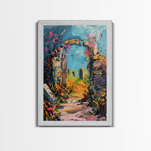 Load image into Gallery viewer, Ruined Archway Framed Canvas Print, Halloween Art, Haunted Garden, Spooky Ruins, Eerie Pathway, Fall Decor, Gothic Wall Art, Haunted Decor
