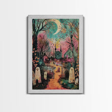 Load image into Gallery viewer, Creepy Moonlit Trees Framed Canvas Print, Haunted Forest Art, Halloween Night Scene, Eerie Woods Decor, Spooky Artwork, Framed Canvas Print
