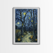 Load image into Gallery viewer, Dark Steamy Train at Night Framed Canvas Print, Halloween Wall Art, Spooky Train Station Decor, Haunted Transportation Artwork, Ghostly Art
