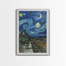 Load image into Gallery viewer, Enchanted Graveyard with Lanterns Framed Canvas Print, Wall Art, Spooky Home Decor, Halloween Cemetery Art, Mystical Art, Haunted Graveyard
