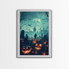 Cargar imagen en el visor de la galería, Bats and Jack-O-Lanterns Framed Canvas Print, Halloween Wall Art, Haunted Graveyard, Home Decor, Spooky Art, Living Room Decor, Gothic Art
