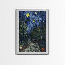 Load image into Gallery viewer, Dark Forest Path with Pumpkins Framed Canvas Print, Halloween Wall Art, Starry Night Inspired, Home Decor, Spooky Art, Living Room Decor
