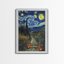 Load image into Gallery viewer, Spooky Starry Night Inspired Haunted Grave Yard Framed Canvas Print, Spooky Season Halloween Art
