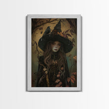 Load image into Gallery viewer, The Witch And The Raven, Framed Canvas Print, Raven Familiar, Victorian Witch Painting, Halloween Decor, Halloween Trinket, Spooky Wall Art
