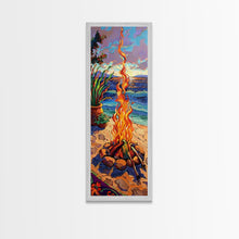 Load image into Gallery viewer, Abstract Canvas Painting of Campfire on Beach, Beachy Wall Art, Tall and Narrow Vertical Wall Art, Canvas Painting Printed and Framed
