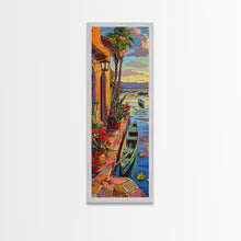 Cargar imagen en el visor de la galería, Long Narrow Vertical Wall Art Print of Beachside Landscape, Sunset Wall Art Print, Nautical Wall Art Framed on Canvas, Colorful Beach Art
