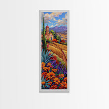 Load image into Gallery viewer, Framed and Printed Canvas Painting of Colorful Tuscan Countryside, Gouache Textured Canvas Painting, Botanical Wall Art Print, Skinny Art
