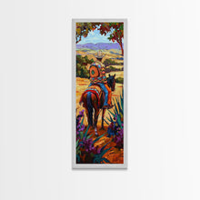 Load image into Gallery viewer, Long Narrow Wall Art Painting of Jalisco Cowboy, Southwest Wall Art Painting, Colorful Desert Canvas Painting Framed and Printed, Office Art
