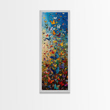 Carregar imagem no visualizador da galeria, Burst of Colorful Butterflies in a Floral Meadow, Skinny and Tall Art, Energetic Framed Canvas Print, Vibrant Wall Art
