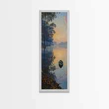 Carregar imagem no visualizador da galeria, Calm River Reflection with a Lone Boat, Skinny and Tall Art, Serene Landscape Framed Canvas Print, Tranquil Wall Art
