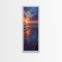 Load image into Gallery viewer, Framed Canvas Print of a Colorful Skinny Art Sunset Over the Ocean with a Vibrant Sky Reflecting on the Water in this Tall Coastal Landscape Art
