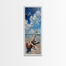 Carregar imagem no visualizador da galeria, Framed Canvas Print Tall Art Featuring a Piece of Driftwood on a Sandy Beach with Bright Blue Sky and Ocean Waves, Ideal Skinny Art for Coastal Homes
