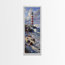 Carregar imagem no visualizador da galeria, Framed Canvas Print Skinny Art of a Majestic Lighthouse Standing Tall Against a Bright Blue Sky with Waves Crashing on Rocky Shores, Perfect Tall Art
