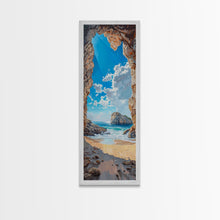 Carregar imagem no visualizador da galeria, Framed Canvas Print Skinny Art of a Sunlit Beach Scene Framed by Rocky Cliffs, Overlooking a Crystal Blue Sea Under a Clear Sky, Perfect Tall Coastal Art
