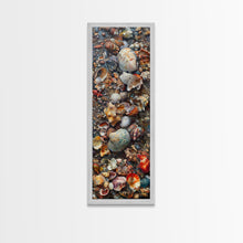 Carregar imagem no visualizador da galeria, Framed Canvas Print Skinny Art of a Variety of Colorful Seashells Arranged in a Textured Pattern, Perfect Tall Art for Beach Themed Rooms
