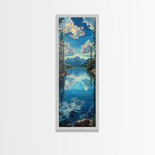 Carregar imagem no visualizador da galeria, Framed Canvas Print Skinny Art of a Clear Lake Surrounded by Pine Trees with Majestic Mountains in the Distance Under a Blue Sky, Ideal Tall Landscape Art
