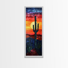 Load image into Gallery viewer, Desert Landscape with Saguaro Cactus Silhouette Against a Fiery Sunset on a Framed Canvas Print Skinny Art Piece
