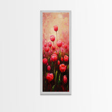 Load image into Gallery viewer, Vibrant Red Tulips in Bloom Against a Soft Pink Background on a Framed Canvas Print Skinny Art Piece
