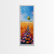 Load image into Gallery viewer, Colorful Wildflowers in a Field with a Lone Tree Under a Bright Blue Sky on a Framed Canvas Print Tall Art Piece
