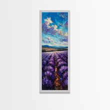 Carregar imagem no visualizador da galeria, Framed Canvas Print of Wide Lavender Fields Under a Bright Sky Featuring Skinny Tall Art for Stunning Wall Decor in Home or Office
