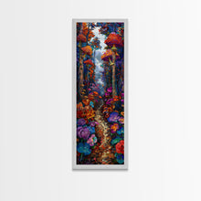 Carregar imagem no visualizador da galeria, Fantasy Forest Pathway with Giant Mushrooms as Tall Skinny Art Framed Canvas Print for Whimsical Wall Decor in Unique Spaces
