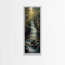 Load image into Gallery viewer, Beautiful Stream Cascading Waterfalls In The Forest at Golden Hour, Framed Canvas Print, Boho Style Landscape Painting Print
