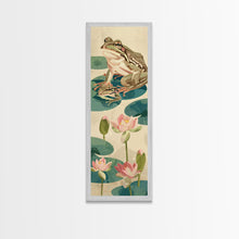 Load image into Gallery viewer, Frogs On Lily Pads Canvas In Japanese Ukiyo-e Style, Traditional Woodblock Print, Framed Canvas Print, Tall Skinny Japanese Wall Art, Ready To Hang

