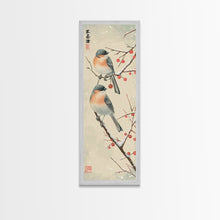 Load image into Gallery viewer, Pair of Birds on Snowy Branches, Japanese Art Framed Canvas Print, Tall and Skinny Wall Art in Ukiyo-e Style
