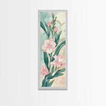 Load image into Gallery viewer, Skinny Art Pink Oleander Flowers In Japanese Style Wood Block Print Elegant Pastel Hues On Framed Canvas Print, Tall Art Ukiyo-e
