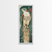 Load image into Gallery viewer, Majestic Hawk Perched On Weathered Stump Textured Background Skinny Art Tall Art Framed Canvas Print Japanese Style Art Ukiyo-e Art Wood Block Print
