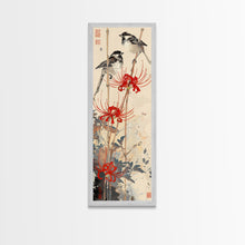 Load image into Gallery viewer, Blossoming Pink Flowers Bold Red Accents Skinny Art Tall Art Framed Canvas Print Japanese Style Art Ukiyo-e Art Wood Block Print Feminine
