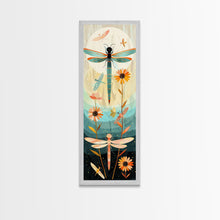 Load image into Gallery viewer, Dragonfly Gathering Night Glow Vibrant Colors Skinny Art Tall Art Framed Canvas Print Japanese Style Art Ukiyo-e Art Wood Block Print Insect Art
