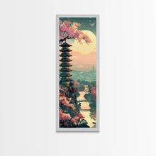 Load image into Gallery viewer, Japanese Pagoda Among Sakura Trees Under Yellow Moon Tall Art Skinny Art Framed Canvas Print Japanese Style Art Ukiyo-e Wood Block Print
